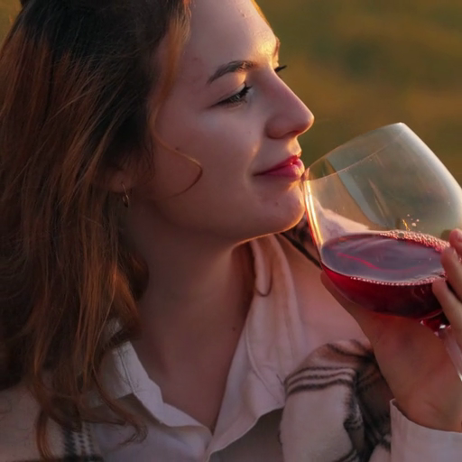 A_woman_sips_red_wine_outdoors_at_sunset,_the_glass_catching_the_evening_light_ours